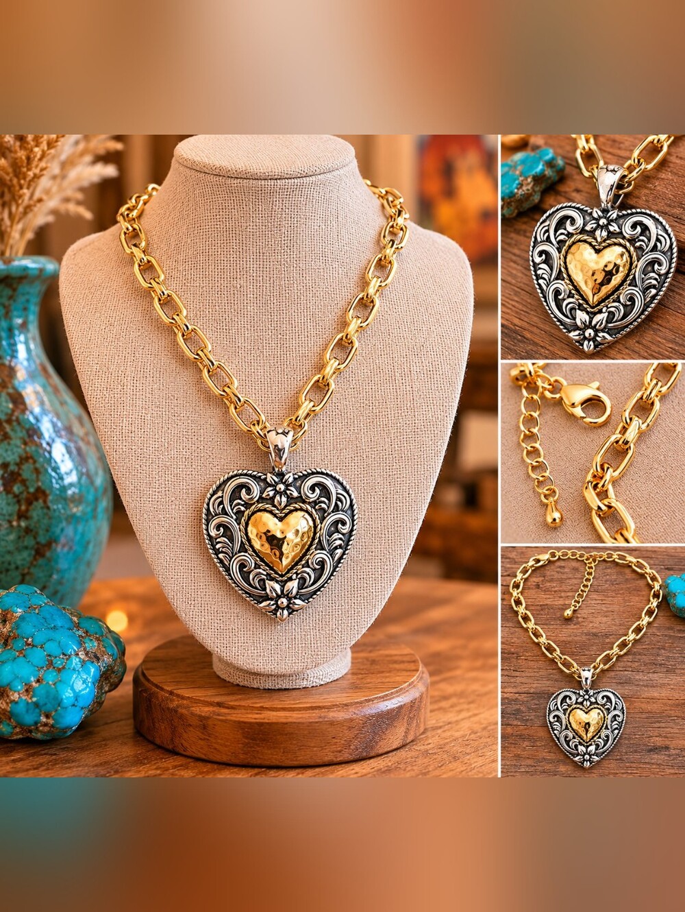 Vintage Two-Tone Heart Pendant Necklace Western Brighton Style Gold Silver